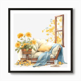 Yellow Flowers By The Window Art Print