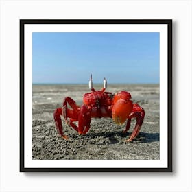 Red crab on sea beach Art Print