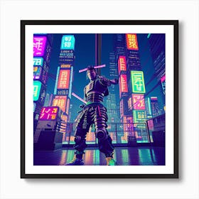 Cyberpunk Samurai In A Neon Lit Megacity Art Print