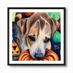 Dog And Pumpkins Art Print