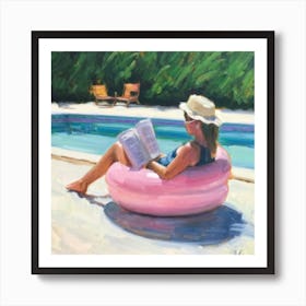 Reading After Swimming Pink Pool Vacation Art P Art Print