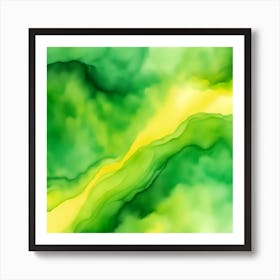 Beautiful green yellow abstract background. Drawn, hand-painted aquarelle. Wet watercolor pattern. Artistic background with copy space for design. Vivid web banner. Liquid, flow, fluid effect. 1 Art Print