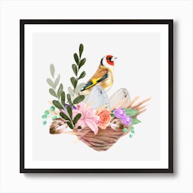 Bird's nest with colorful leaves and happy Easter dreams. Art Print