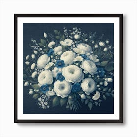 Fresh White Bouquet Dark Blue On Canvas Print 1 Art Print