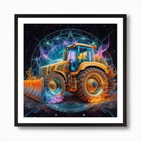 Yellow bulldozer surrounded by fiery flames 5 Art Print