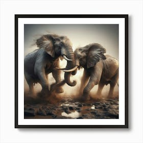 Elephants Fighting Canvas Art Art Print