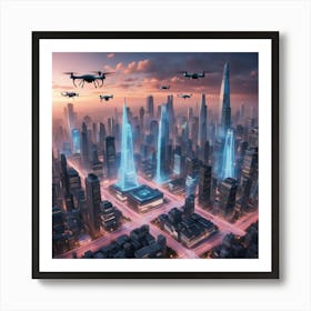 Drones Flying Over A City Art Print