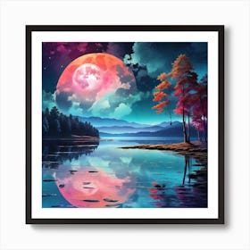 Full Moon Over Lake 1 Art Print