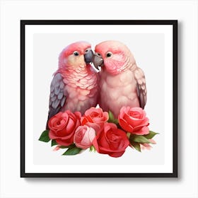 Parrots And Roses Art Print