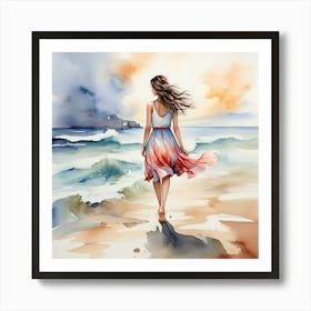 Watercolor Of A Girl On The Beach Art Print