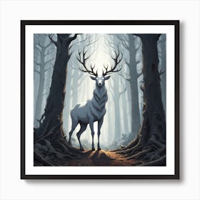 A White Stag In A Fog Forest In Minimalist Style Square Composition 49 Art Print