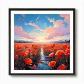 Vast Poppy Fields Hues Spanning From Pale Blue To Soft Pastel Light Pink To Burnt Sienna Flowers Art Print