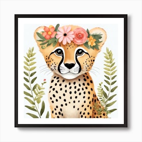 Premium Photo  A watercolor painting of a leopard with a flower crown.