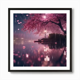 Pink Cherry Blossom Reflections in the Rain Art Print