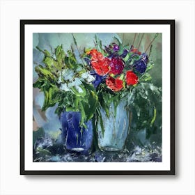 Flowers In Blue Vases Art Print