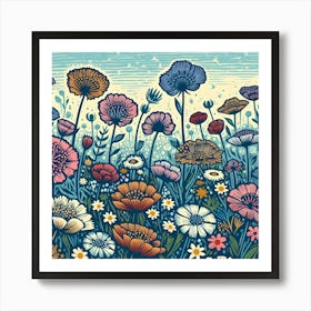 Wildflowers - Linocut Flower Meadow Art Print