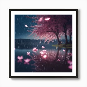 Floating Cherry Blossom Flowers on the Lake at Midnight Art Print