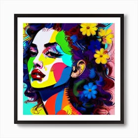 Colorful Girl With Flowers Art Print