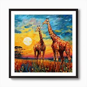 Giraffes At Sunset 3 Art Print