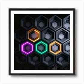 Hexagonal shapes with neon lights, futuristic, cyberpunk, background 13 Art Print