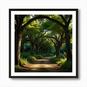 A Winding Forest Path Lined With Ancient, Majestic Green Trees, Their Branches Forming A Natural Archway Overhead Art Print