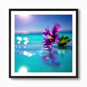 Turquoise Blue Ocean with Purple Hibiscus Flower 1 Art Print