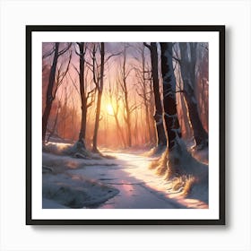 Winter Woodland Stream at Sunset Art Print