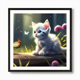 White Kitten With Butterfly Art Print