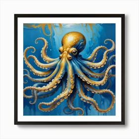 Octopus Blue And Gold Animal Art Print Art Print