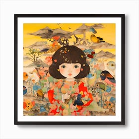 Asian Girl With Birds Art Print