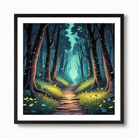 Anime Style Forest At Night With Fireflies (2) Art Print