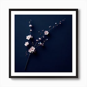 "Midnight Blossom Whisper"  On a canvas of deep blue, paper art cherry blossoms emerge with a lifelike delicacy, their pale petals and buds arranged on slender branches that evoke the first whisper of spring after a long winter.  This piece offers a striking contrast of color and a celebration of renewal, perfect for adding a touch of refined elegance to any collection. The art embodies the fleeting beauty of blossoms under the tranquil night sky, promising a serene ambiance and a touch of nature's grace. Art Print