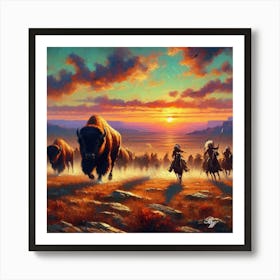 Oil Texture Native American Indians Hunting Buffalo Art Print