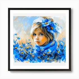 Little Girl With Blue Flowers Art Print