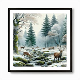 Deer Among The Snow Trees, Acrylic Painting Style Art Print