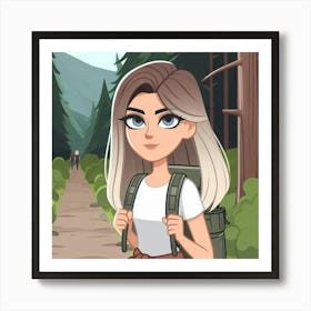 Girl With Backpack In The Woods Art Print