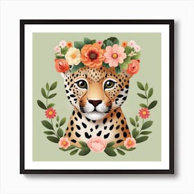 Floral Baby Jaguar Nursery Illustration (13) Art Print