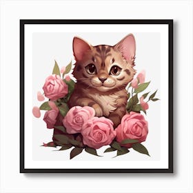 Kitten With Roses 1 Art Print