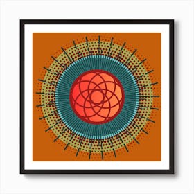 Mid-Century Modern Boho Abstract Celestial Mandala, Geometric in Rust, Aqua, and Olive Art Print