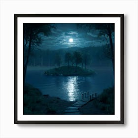 A Serene Nighttime Scene Of A Forest By The Lakes Art Print