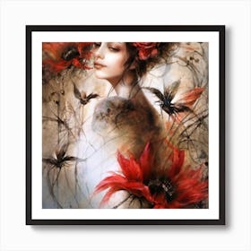 Woman With Red Flowers Art Print