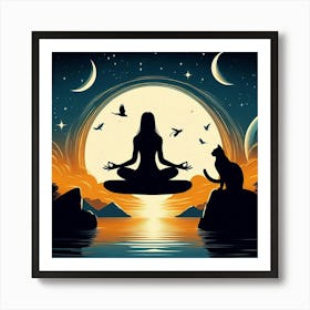 Meditating Woman With Cat Art Print