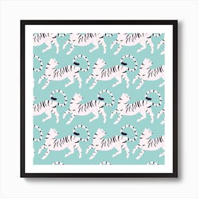 White Tiger Pattern On Blue Square Art Print