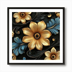 Gold And Blue Floral Pattern Art Art Print