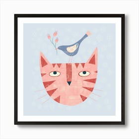 Cat with Bird and Flower Art Print