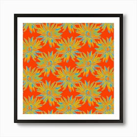 DAHLIA BURSTS Multi Abstract Blooming Floral Summer Bright Flowers in Orange Yellow Lime Green Blue on Coral Red Art Print