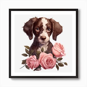 Dog With Roses Art Print