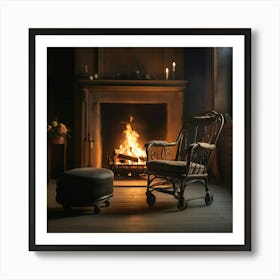 A rolling chair next to a burning fireplace in a romantic scene Art Print