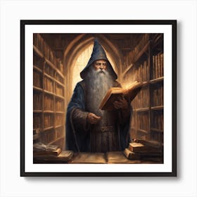 Wizard Reading Book In Library Art Print