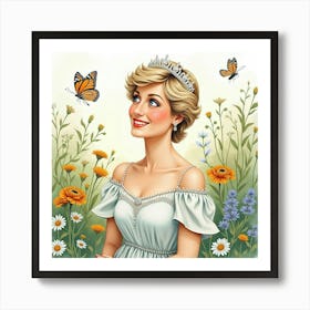 Watercolor Princess Diana In A Tranquil Garden With Butterflies 1 Art Print